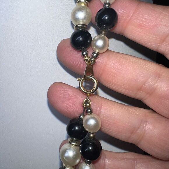 Vintage Double Strand Black Bead and Faux Pearl Necklace - Picture 5 of 7